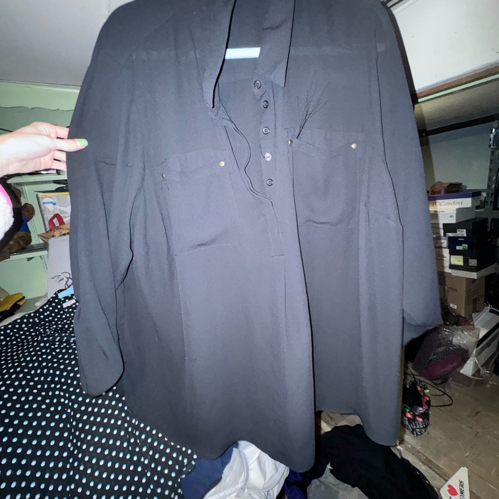 Black Button-Front Blouse with Chest Pockets